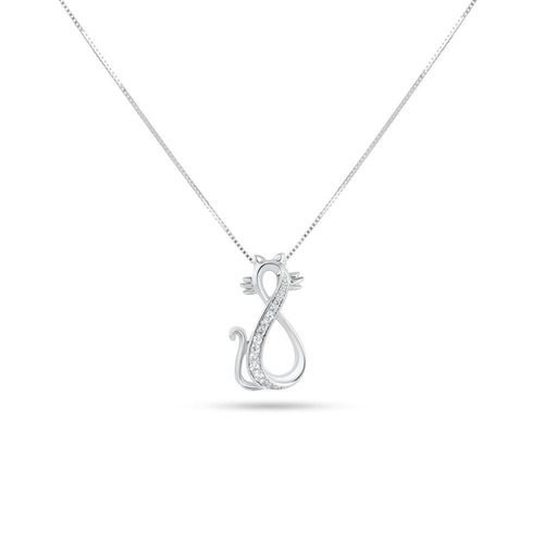 Dije De Gato De Oro Blanco Con Cadena 14K Con 9Pts De Diamante (19Mm Aprox)