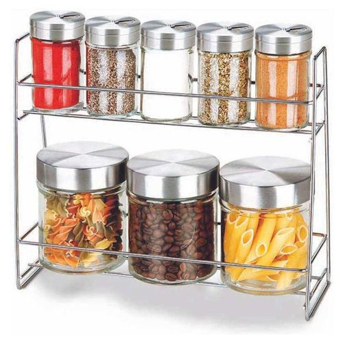 Set de 5 especieros y 3 frascos con tapa sobre un rack doble