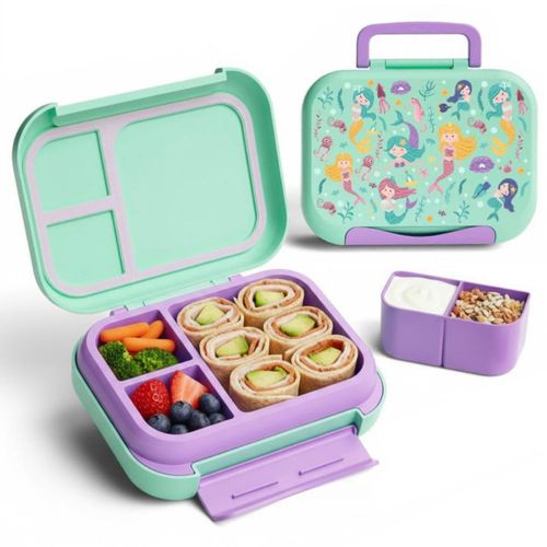Lonchera para niña tipo bento box c diseño de Sirena, lunch box c divisiones, sellado hermetico antifugaz; tupper para lunch I LIBRE DE BPA