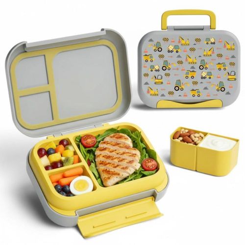 Lonchera para niña tipo bento box, lunch box c divisiones, sellado hermetico antifugaz; tupper para lunch (Print Camion) I LIBRE DE BPA