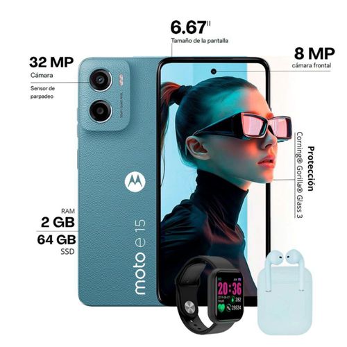 Celular Moto e15 64GB 2GB Ram Dual sim Misty Blue, Smartwatch +Audífono inalámbrico