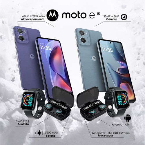 Combo 2 Moto E15 64GB 2GB Ram Dual sim Morado y Azul + Smartwatch +Audífono inalámbrico