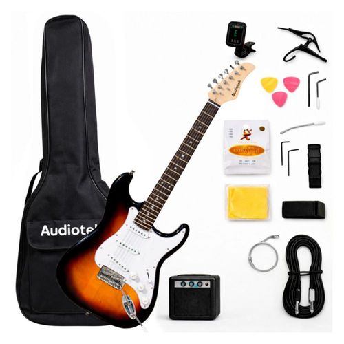 Guitarra Eléctrica Audiotek Cafe con Amplificador 9V 5A Audiotek Funda Capotraste Afinador Eléctrico Accesorios Repuesto