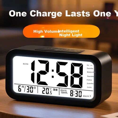 Reloj despertador BBA recargable con medidor de temperatura negro
