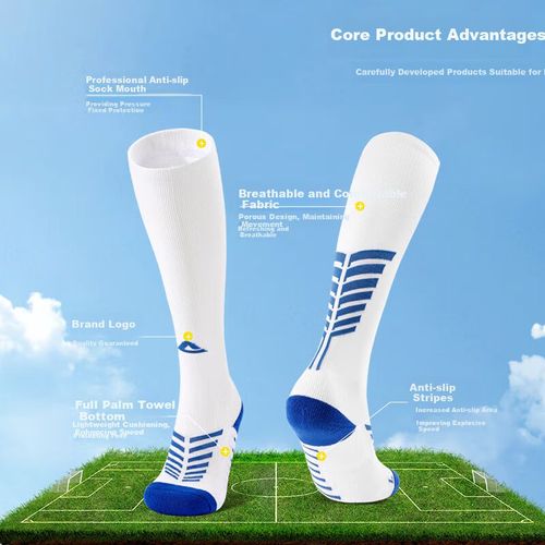Calcetines PEAK fútbol tubo alto compresión blanco azul talla M-L-XL