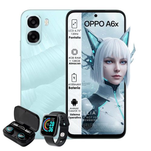 OPPO A6X 128GB 4GB Ram Azul Cielo con Smartwatch y Audífonos inalámbricos