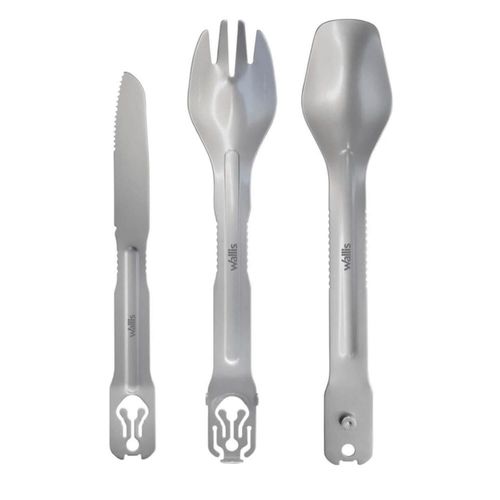 Cubierto para campismo Wallis P9006107, de acero inoxidable, 3 piezas con funda