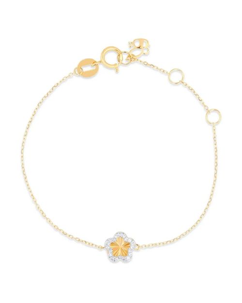 PULSERA DE ORO AMARILLO 14K CON FORMA DE FLOR CON 5PTS DE DIAMANTE (11.5 +2.5 CM APROX)