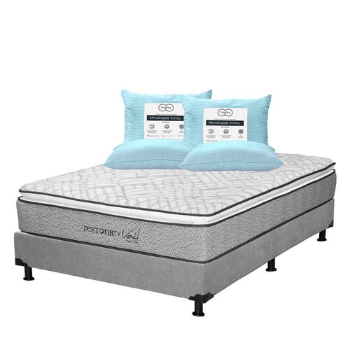 Colchon Restonic Vail Matrimonial Gris+ Box+ Almohada Trinity 2 CZD