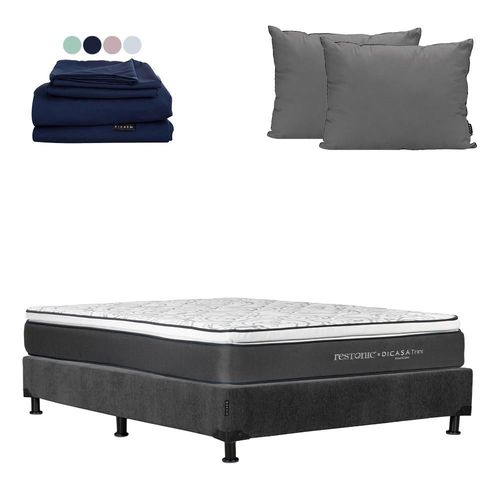 Colchon Restonic Trini Gris Queen Size+ Box+ Almohada 2Pack+ Sabanas Softy CZD