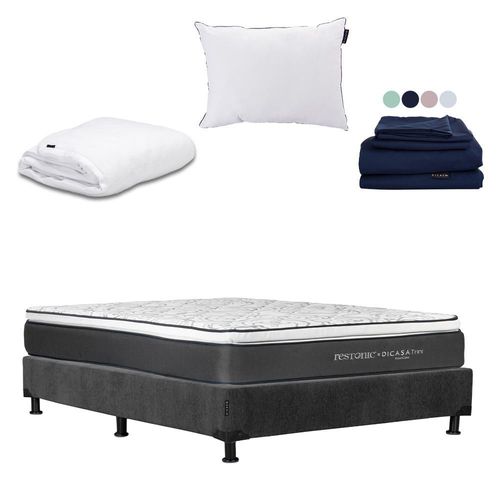 Colchon Restonic Trini Gris Matrimonial+ Box+ Almohada One+ Protector Cloud+ Sabanas Softy CZD