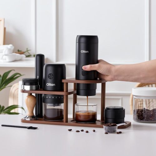 Set de Café Cliton Portátil 9 Piezas Molino Inalámbrico Espumador Base Madera