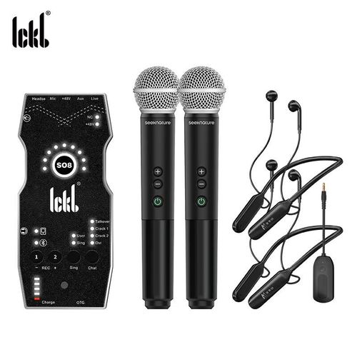 tarjeta de sonido Ickb SO8 con micrófono y audífonos inalámbricos Senran U202 monitoreo