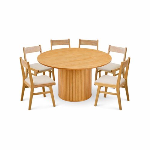 Ilios Innova | Comedor Redondo Moderno de Madera con 6 Sillas Acolchadas, Mesa con Base Cilíndrica, Diseño Decorativo para Comedor o Sala