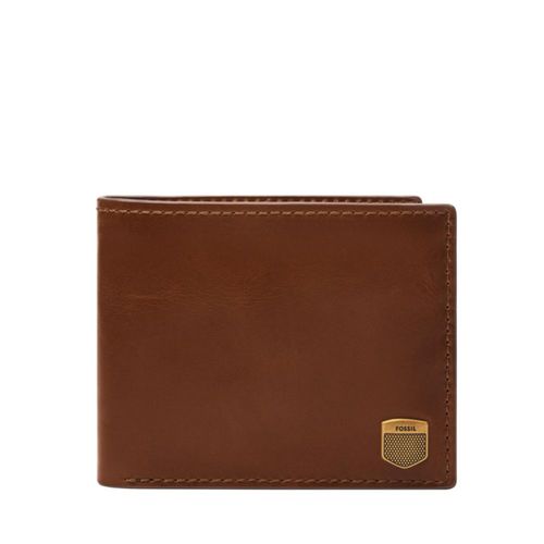 Cartera de piel marrón Hayes con logo Fossil diseño plegable diseño de escudo