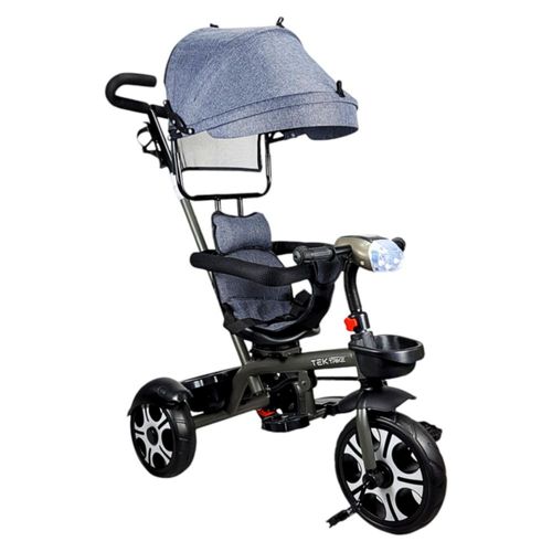 Triciclo Evolutivo para Niños Asiento Giratorio 360 Luz Capota - Gris