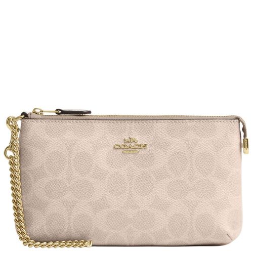 Wristlet COACH de piel granulada grande con correa de cadena