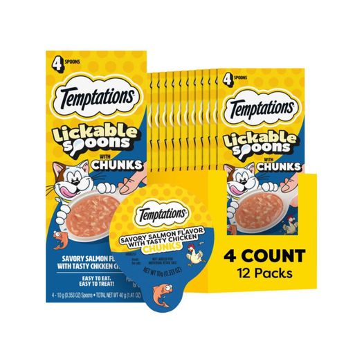 Cucharas para lamer Cat Treats Temptations salmón y pollo 48 unidades