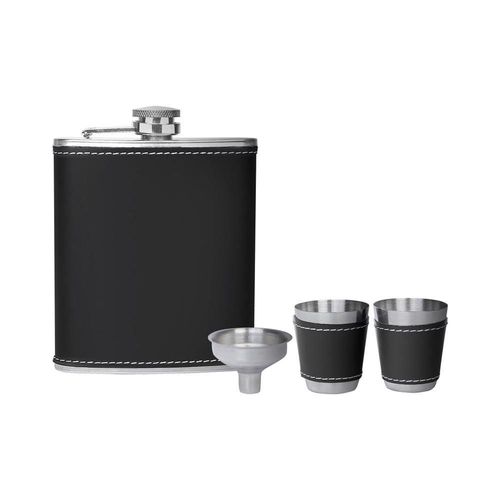 Paquete con 35 piezas de licorera con vasos metálicos, embudo y caja de regalo