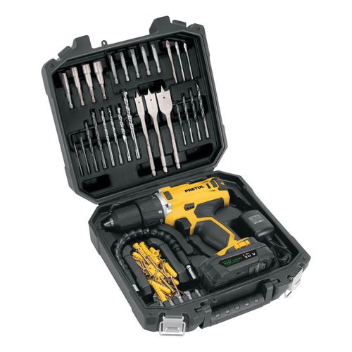 Kit taladro inalámbrico PRETUL 20V y 32 accesorios TALI20P2K amarillo