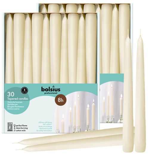 Velas BOLSIUS marfil cónicas de 25 cm duración de 8 h paquete de 60