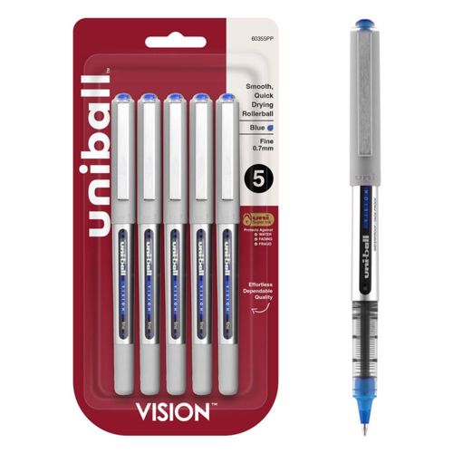 Uni-Ball Vision Bolígrafos Rollerball Punta Fina 0.7 mm Azul Paquete con 5