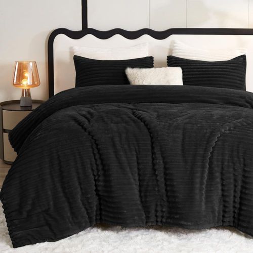 Juego de edredón CozyLux Fluffy Queen Size negro 3 piezas