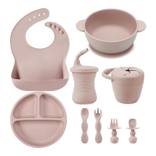 PandaEar Kit Alimentación para Bebé Silicona - 9 Piezas - Plato con Succión, Babero Impermeable, Vaso - Rosa