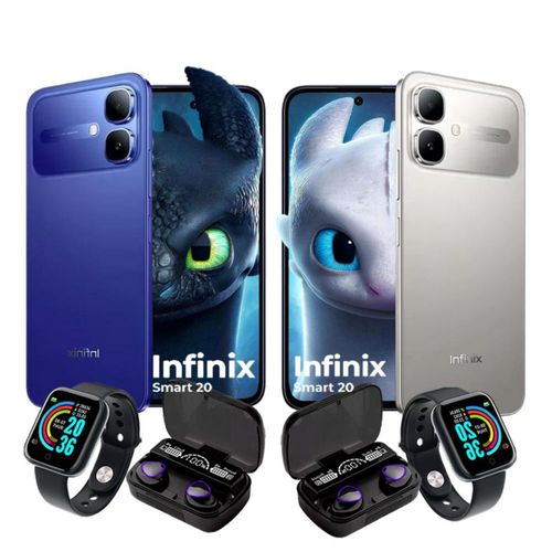 Combo 2 Infinix Smart 20 64GB 4GB Ram Azul y Gris con Smartwatch y Audífonos inalámbricos