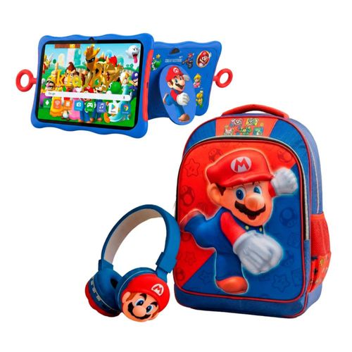 Combo Mario Bros: Tablet Android Kidiby M7 256GB/8GB RAM + Audífonos Bluetooth + Mochila Escolar
