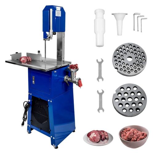 Máquina Sierra Cortadora Para Carne Con Molino Industrial 550W 1100 RPM Mesa Deslizable Corte 24 cm Embutidora