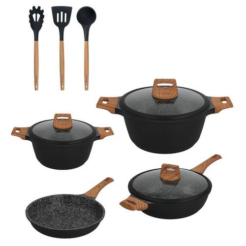 Batería de cocina Wood con Granito antiadherente + juego de 3 utensilios