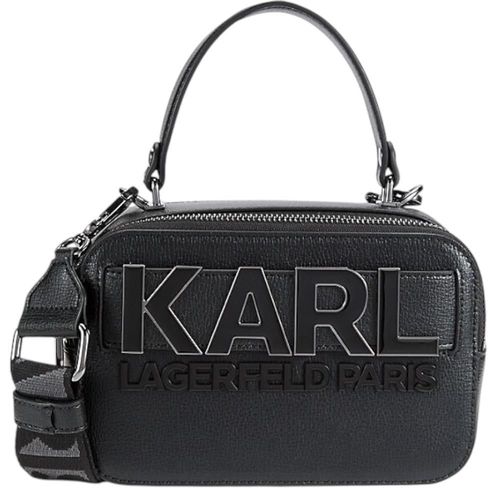 Bolsa Crossbody Karl Lagerfeld Paris de piel color negro con asa desmontable y ajustable. Mide 20 cm de ancho por 15 cm de alto.