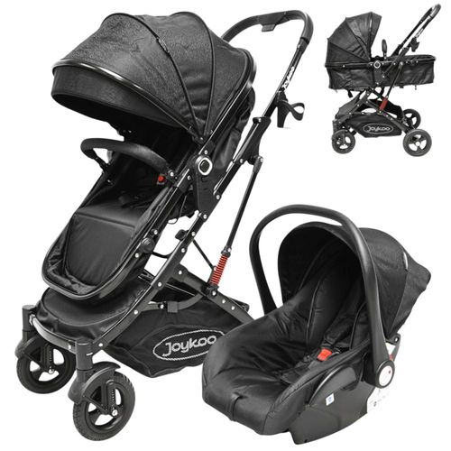 Carriola para Bebé con Portabebé Reversible Convertible a Bambineto Ruedas de Goma con Freno Plegable Cinturón de 5 Puntos - Negro