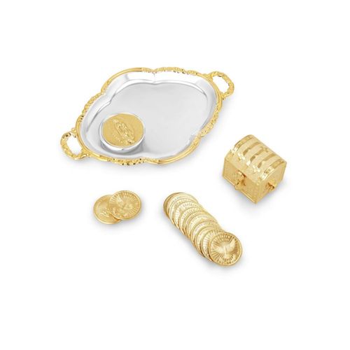 Arras Espiritu Santo Grande De Plata Dorada, Incluye Cofre, Charola Y Estuche