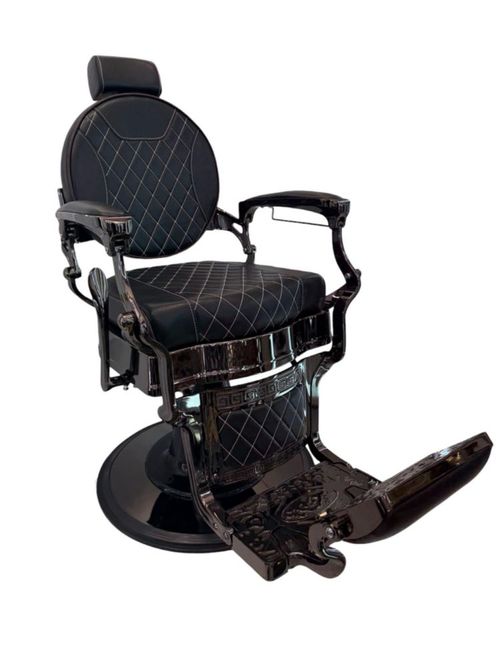 Silla para barbería TLS Negro, Lujo imponente con grabados metálicos y costuras de calidad premium.