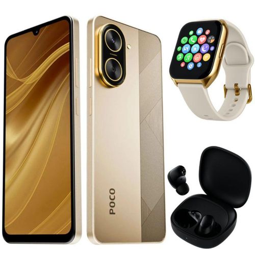 Smartphone XIAOMI POCO C71 4/128 GB Dorado con Smartwatch FILWANS GTS MINI Dorada y Audifonos Xiaomi Buds 6 Play Negro