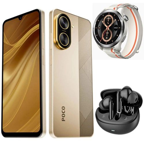 Smartphone XIAOMI POCO C71 4/128 GB Dorado con Smartwatch FILWANS GTR LITE Plata y Audifonos G-Tide L42 Negro