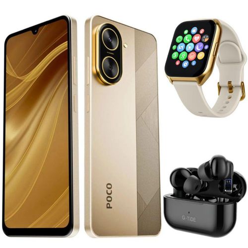 Smartphone XIAOMI POCO C71 4128 GB Dorado con Smartwatch FILWANS GTS MINI Dorada y Audifonos G-Tide L22 Negro