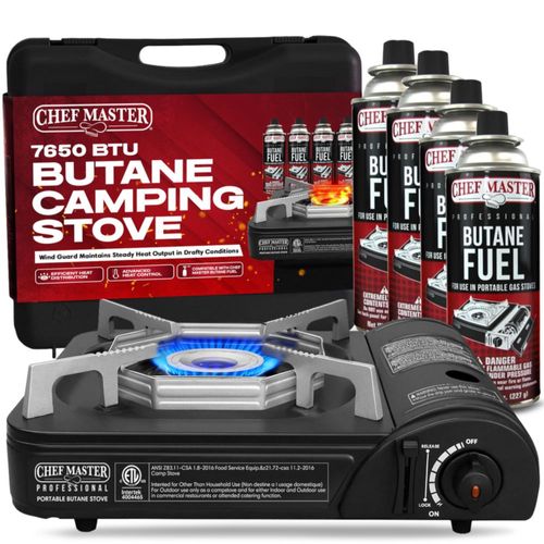 Estufa portátil de butano Chef Master de 7650 BTU con 4 cartuchos
