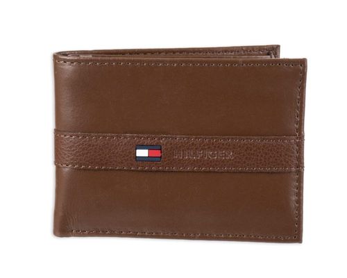 Billetera Tommy Hilfiger de piel para hombre pliegue fino color canela claro