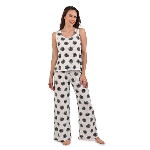 Pijama match playera y pantalón blannca con estampado de bolas negras con playera sin mangas