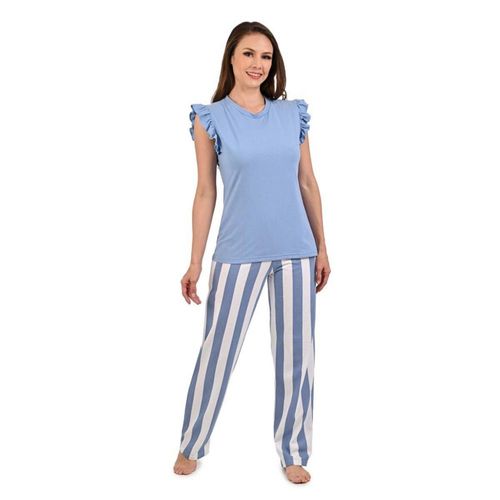 Pijama pantalón de rayas azul y blanco playera azul sin mangas con pliegues cuello redondo