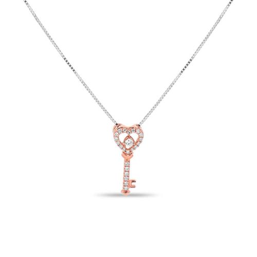Dije De Llave De Oro Rosa Con Cadena 14K Con 10Pts De Diamante