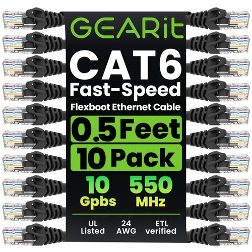 Cable Ethernet Cat6 GEARit paquete de 10 15 cm negro sin enganche