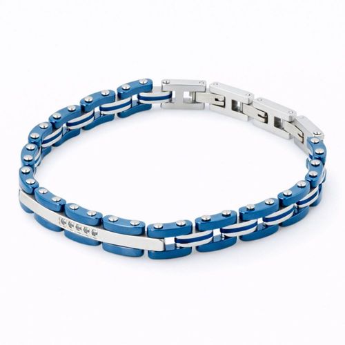 Pulsera De Acero En Color Azul Y Blanco Para Caballero Con Zirconias Negras