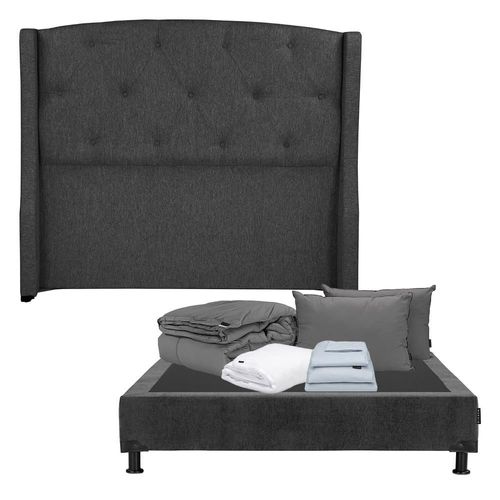 Cabecera Matrimonial Dicasa Zefyr Gris Carbón+ Box+ Almohada 2Pack+ Protector Cloud+ Sabanas Softy+ Edredon Homy CDZ