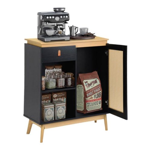 Gabinete Almacenamiento con Puertas Decoradas Ratán Sintético Negro