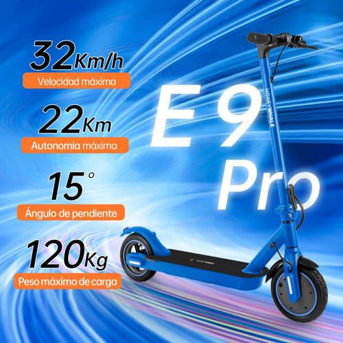 Scooter Eléctrico Patín Honey Whale E9 PRO V2 Azul 32 Km/h 650w, 25 km autonomía Plegable llanta camará de aire