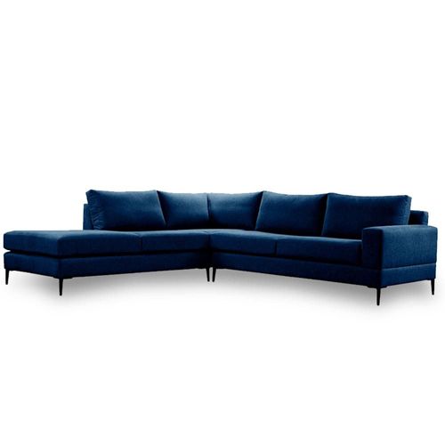 Sofá Escuadra Izquierda con Tapizado Color Azul Noche. Estructura de Madera Sólida y Patas de Acero